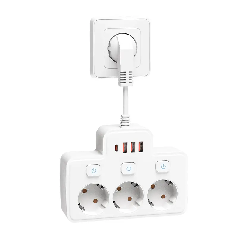 LEHOTPIA 7合1插座转换器 配USB-C和3个USB-A、3个独立开关德标插孔 免线壁挂 扁平插头 过压/过载/短路保护及儿童保护门 家用办公旅行省空间款（黑色/白色）