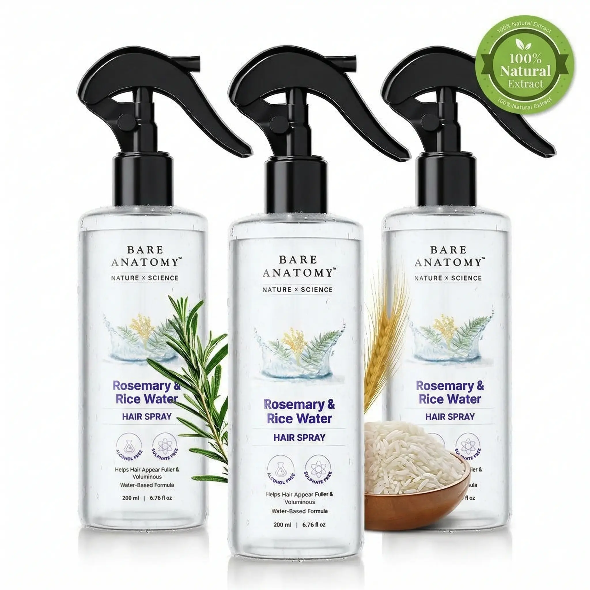 Spray capillaire à l’eau de romarin et de riz, 200 ml, lot de 3, soin nourrissant naturel pour des cheveux doux