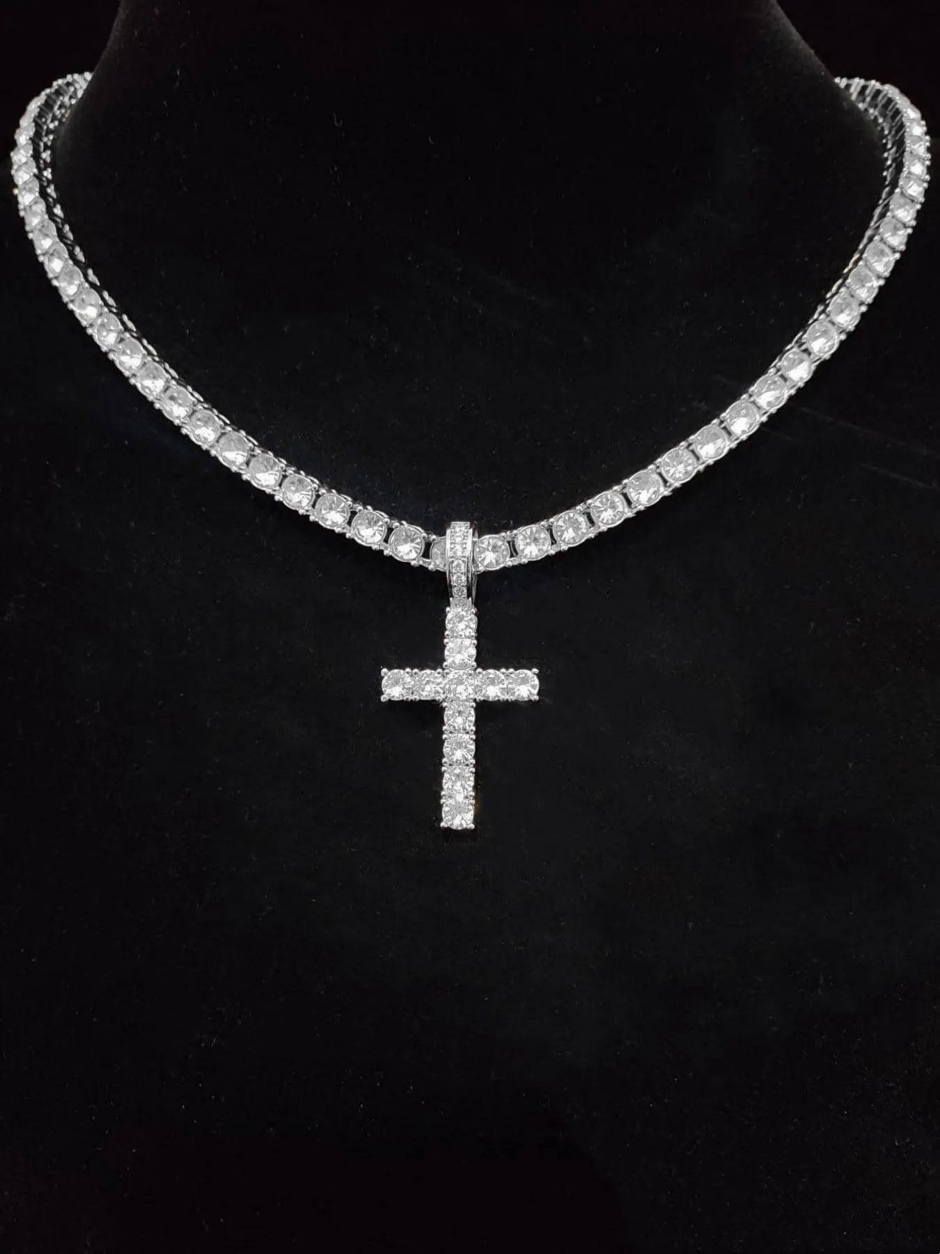 Unisex Easter Rhinestone Cross Pendant Necklace, Stainless Steel Hip Hop Jewelry