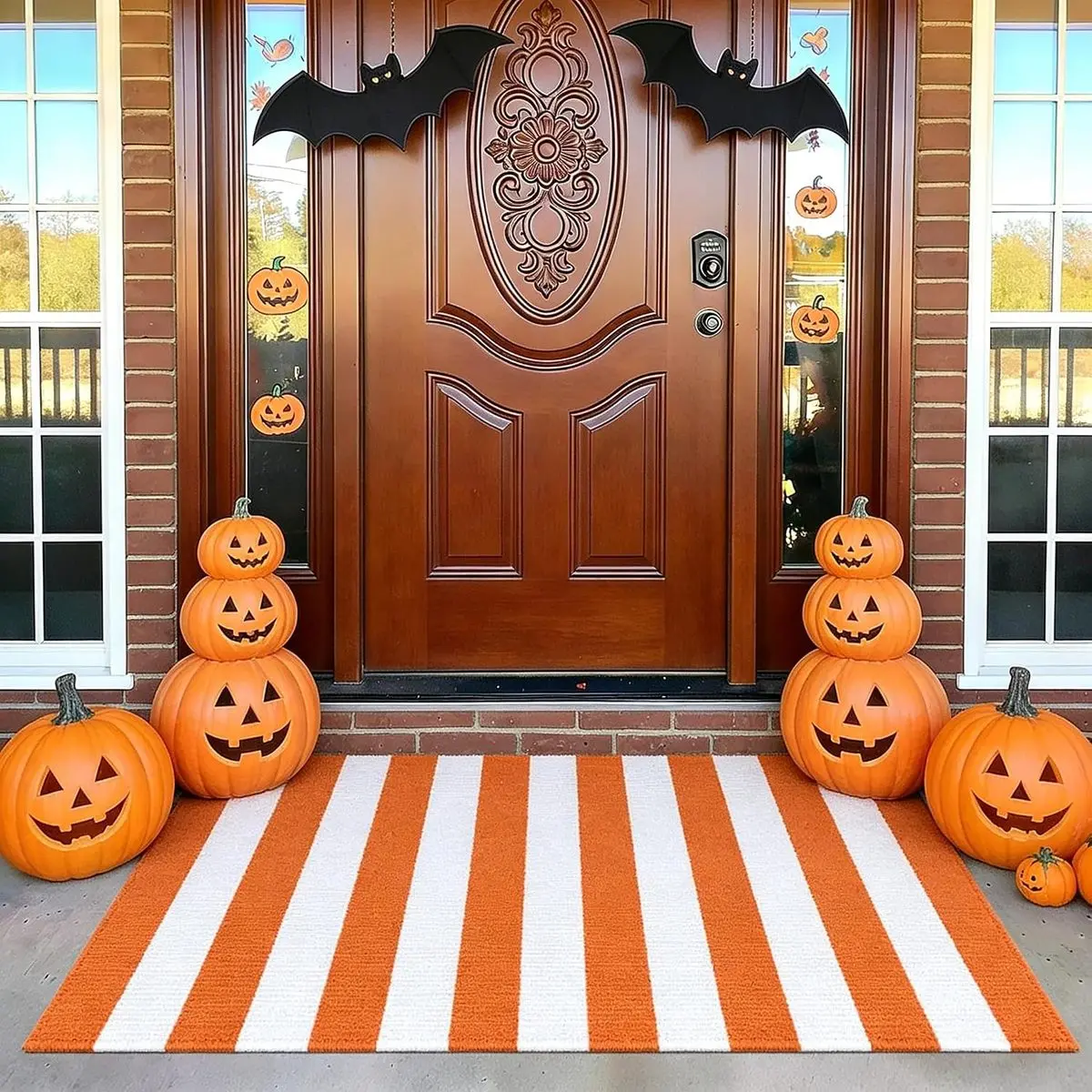 Minimalist Orange-Stripe Decorative Area Rug, 1-Piece Washable Cotton Outdoor Doormat, Multi-Size Halloween Layering Mat