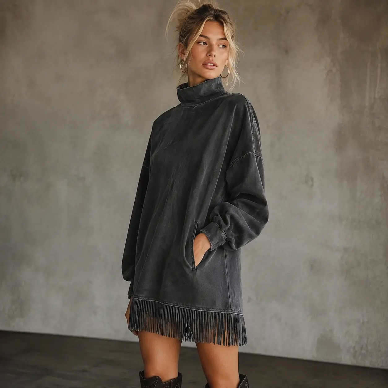 sohochic Women's Oversized Washed Charcoal Fringe Sweatshirt Mini Dress with High Neck, Long Sleeves and Side Pockets