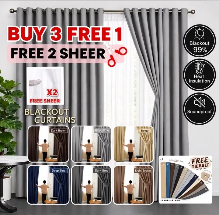 Buy 3, Free 1 Curtain & 2 Sheer / Free Tiebelt & Free Alter 95%-99% Blackout Curtain (Free Hook & Ring) Curtain Soft & Thick & UN Sunproof