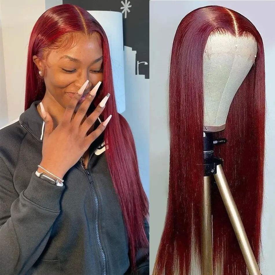 Peluca BABOSHOW 99J borgoña de cabello humano, encaje frontal transparente HD 13x6, densidad 180%, lisa y con ondas al cuerpo, predepilada y con baby hairs para mujer