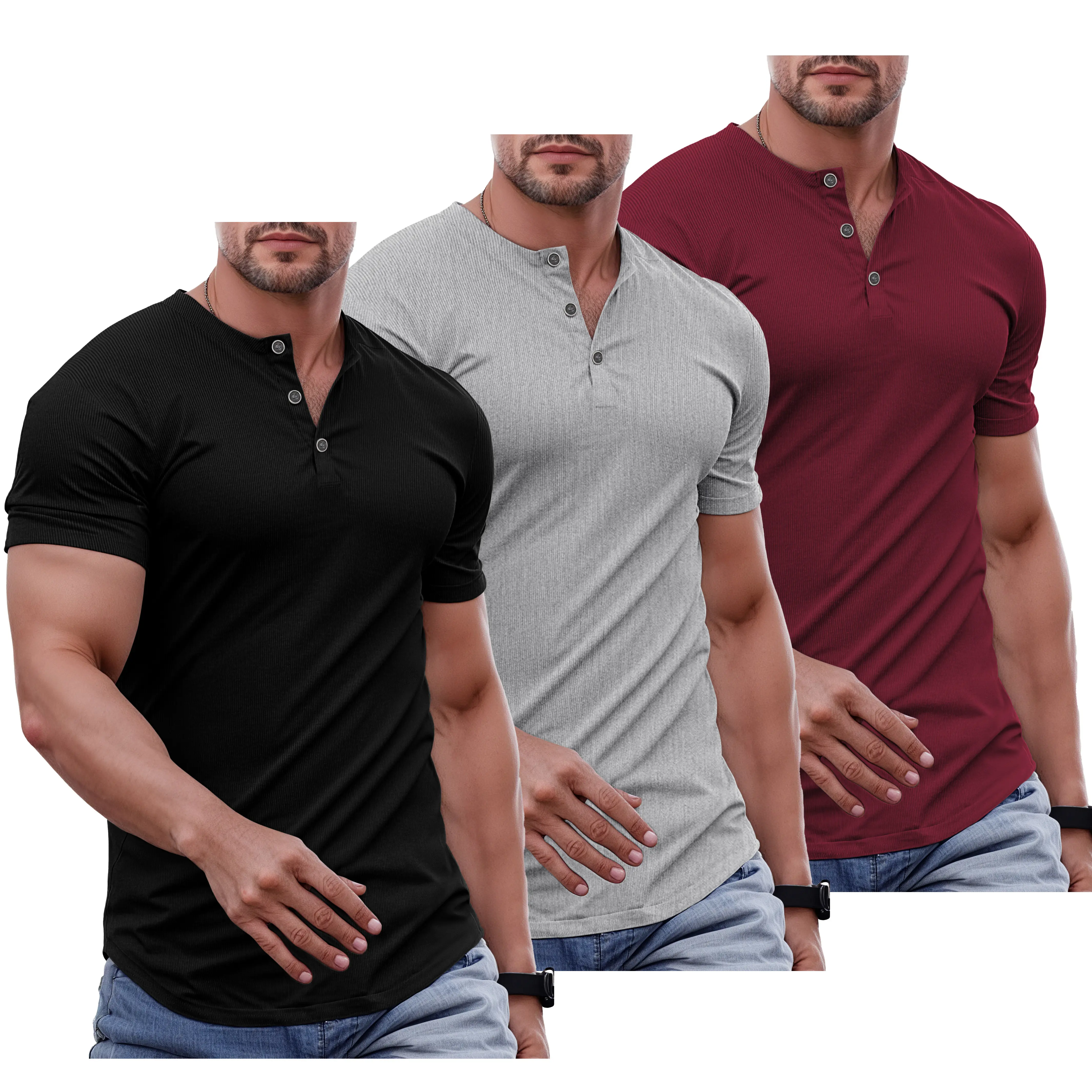 JMIERR T-shirt Henley long homme, coupe slim musclée, col rond boutonné, haut de sport et décontracté uni, mode automne 2026