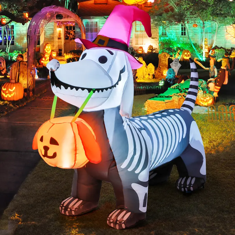 GOOSH 5Ft Giant Halloween Inflatable Pumpkin with Built-In LED Lighting and Animated Glowing Movable Skeleton Puppy for Outdoor Patios and Yards