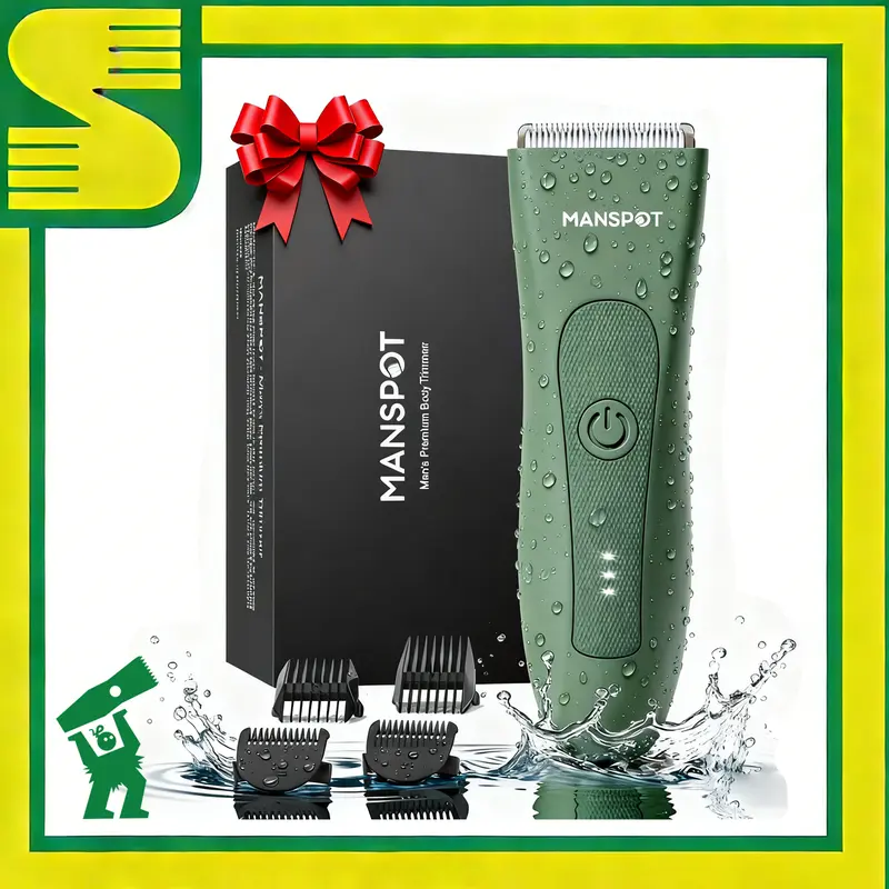 Manspot 男士4合1电动身体剃毛器，可拆卸陶瓷刀头，IPX7防水，干湿两用，适用腋下、胸部、腿部和私密部位