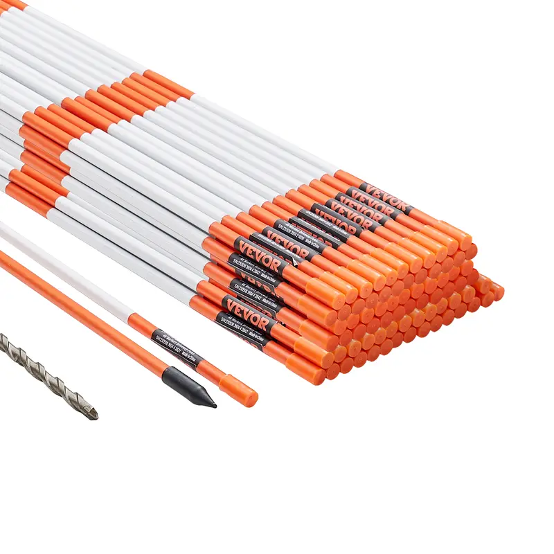 VEVOR 100 Piece Orange Fibreglass Driveway Marker Set, 48in x 0.4in Snow Stakes with Reflective Strips, 12in Steel Drill Bit and Gloves