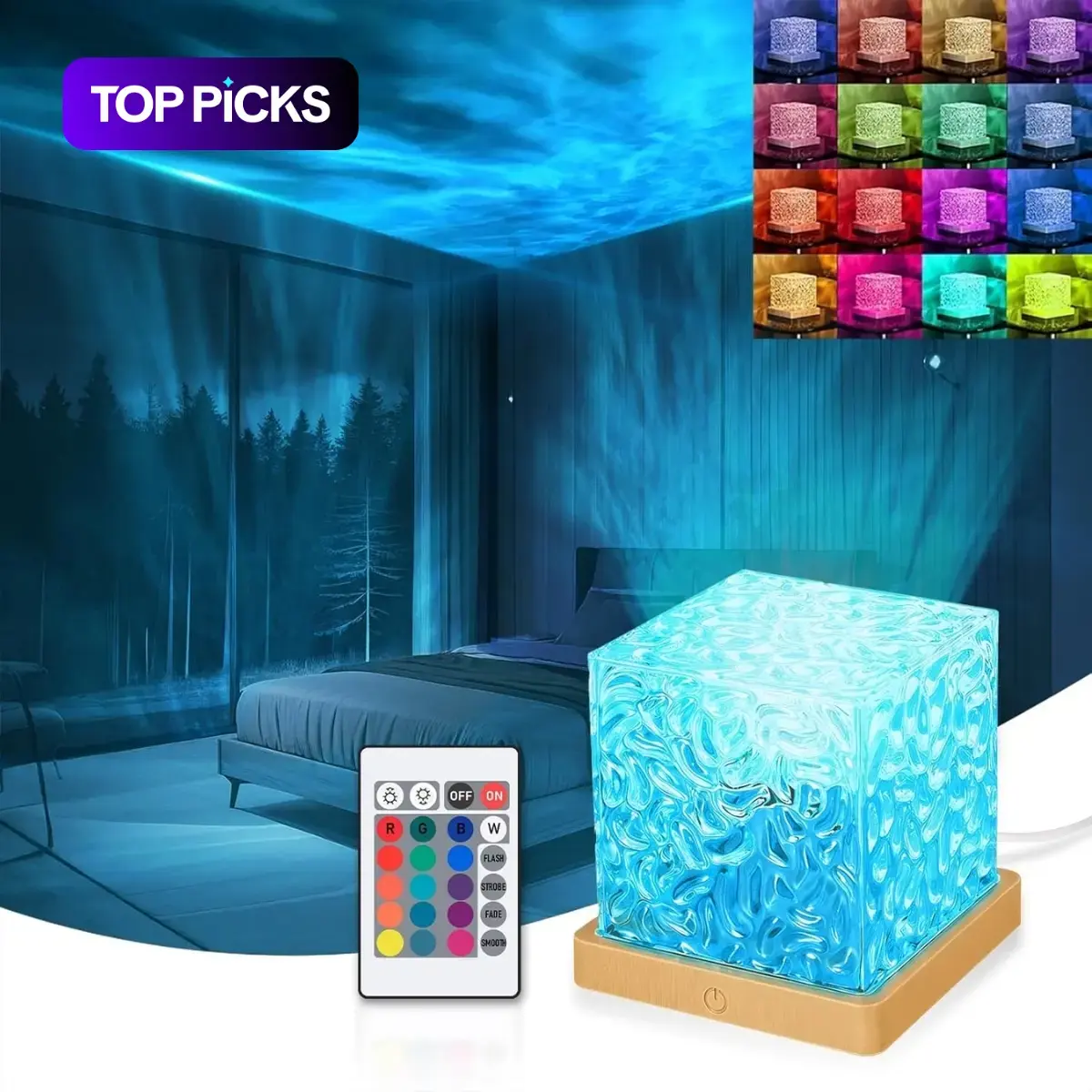 USB-Wellenprojektor-Tischlampe, 16 RGB-Farben, Fernbedienung und Touch-Steuerung, polierte Metalloberfläche, Meereswellen- und Aurora-Effekt aus Kunststoff, ideal für Schlaf- und Wohnzimmer