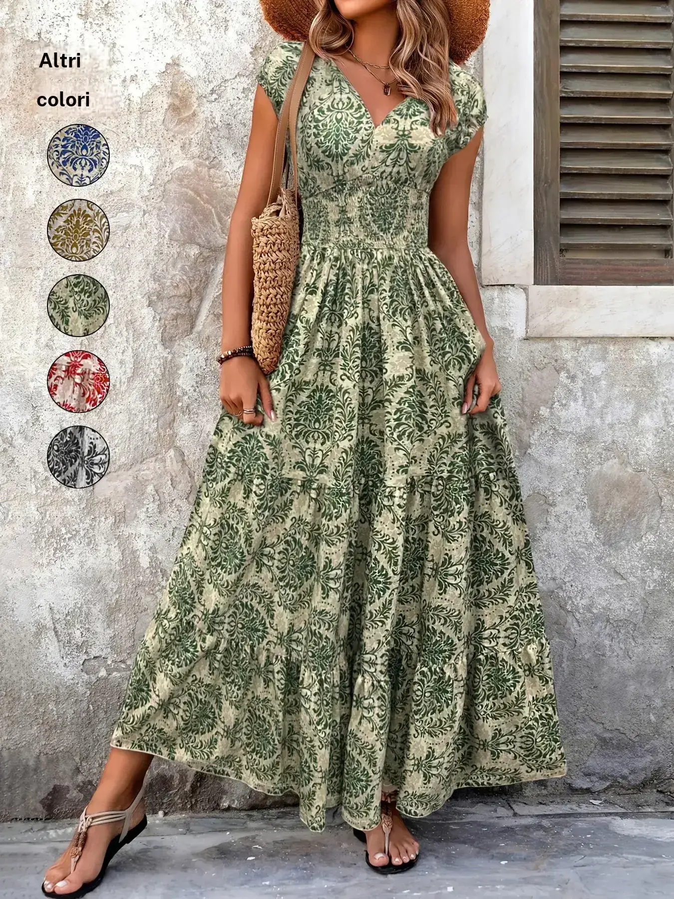 Robe femme froncée à imprimé intégral, style bohème, manches courtes et col V, tenue estivale chic et décontractée pour le quotidien, les vacances et les fêtes