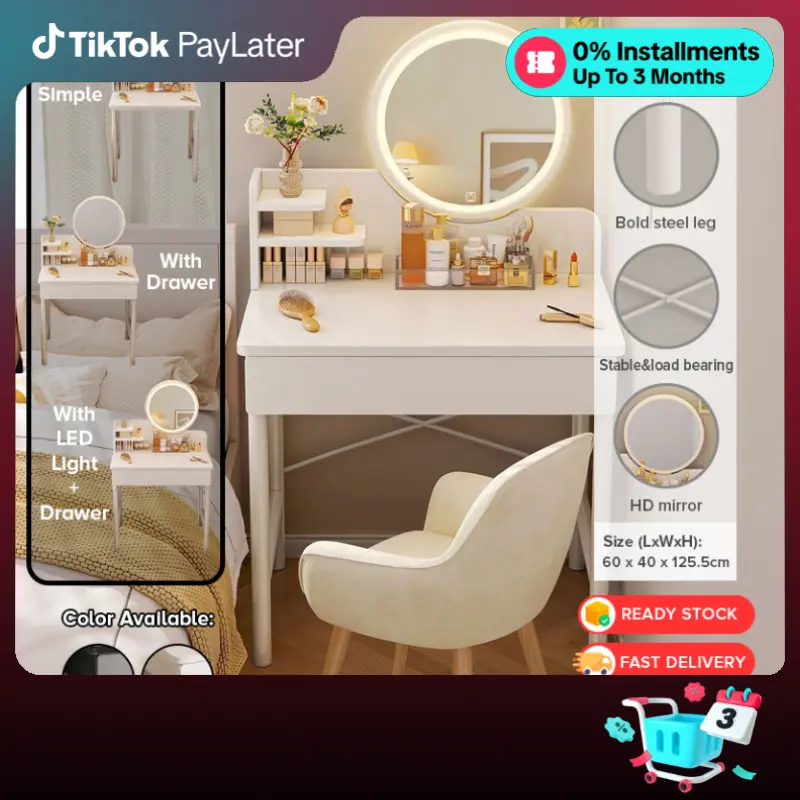 GDeal 60cm Bedroom Dressing Table Aesthetic Vanity Makeup Desk With Round Mirror LED Light Drawer Meja Solek Dengan Lampu LED Cermin Bulat