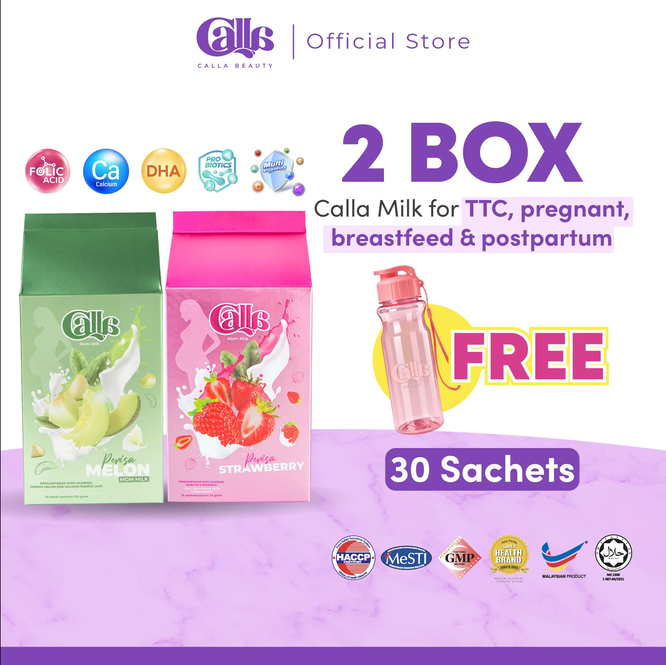 2 Kotak CALLA MOM MILK I 15 Sacet x 25 Gram Susu Kambing Berperisa Blueberry, Melon, Caramel Macchiato Kurang Manis