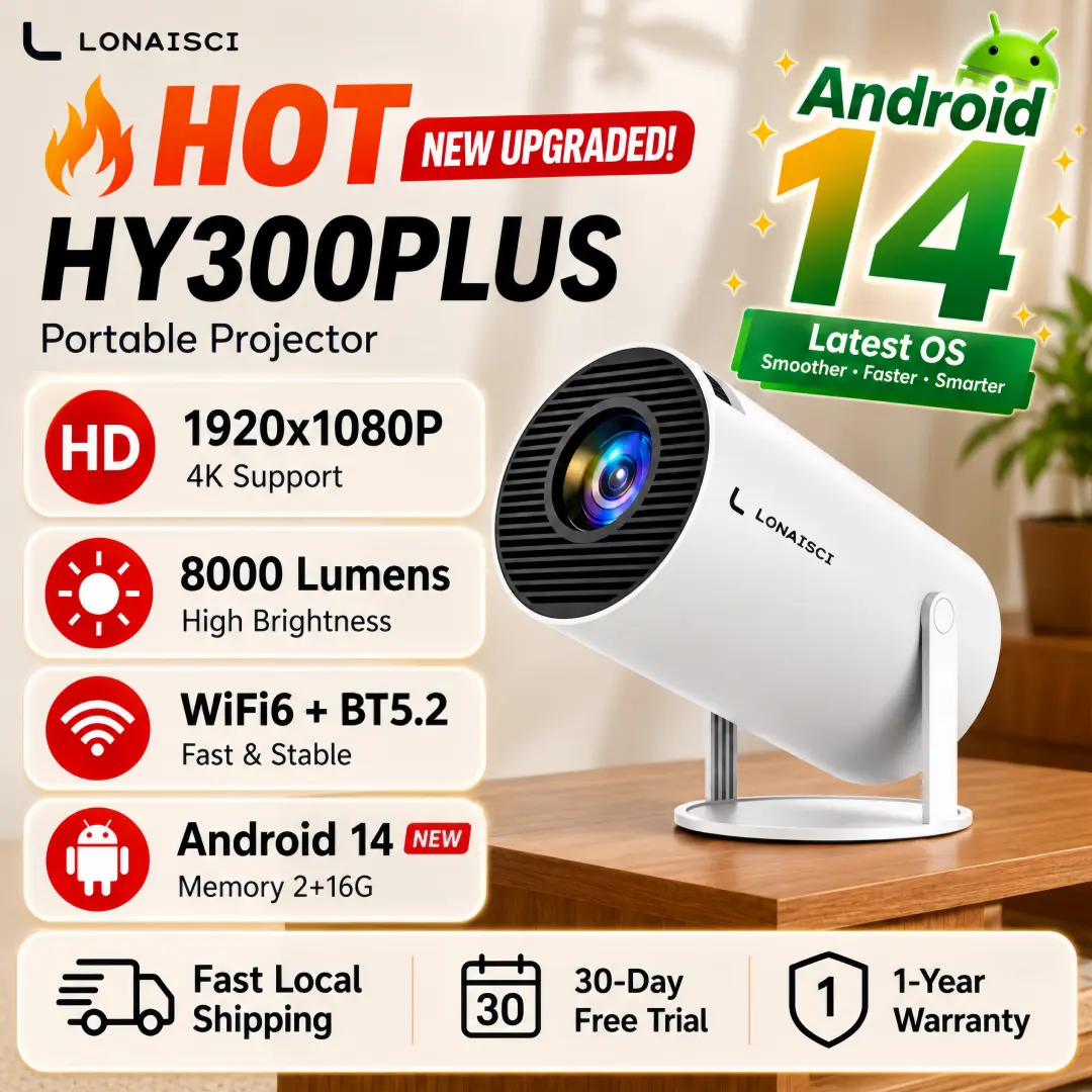 Vidéoprojecteur portable HY300PLUS + HY300PRO HY300, 4K Full HD, 8000 lumens, Android 14, mémoire 2+16GB, partage d’écran sans fil, LCD, HDMI, Bluetooth 5.2