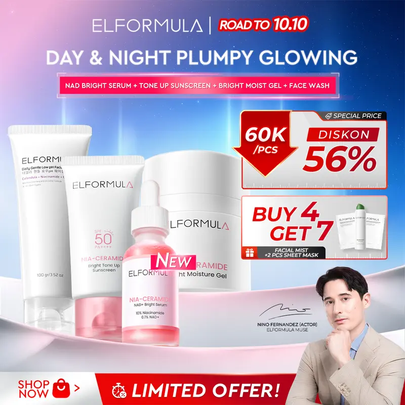 [BUY 4 GET 7] ELFORMULA 4in1 Day & Night Plumpy Glowing (Facewash + Tone Up Sunscreen + NAD Bright Serum + Bright Moist Gel) - Bundle Skincare Pagi Malam Cerah Wajah Pelembab Anti Aging Ceramide Moisturizer Sensitive Healthy Hydrating