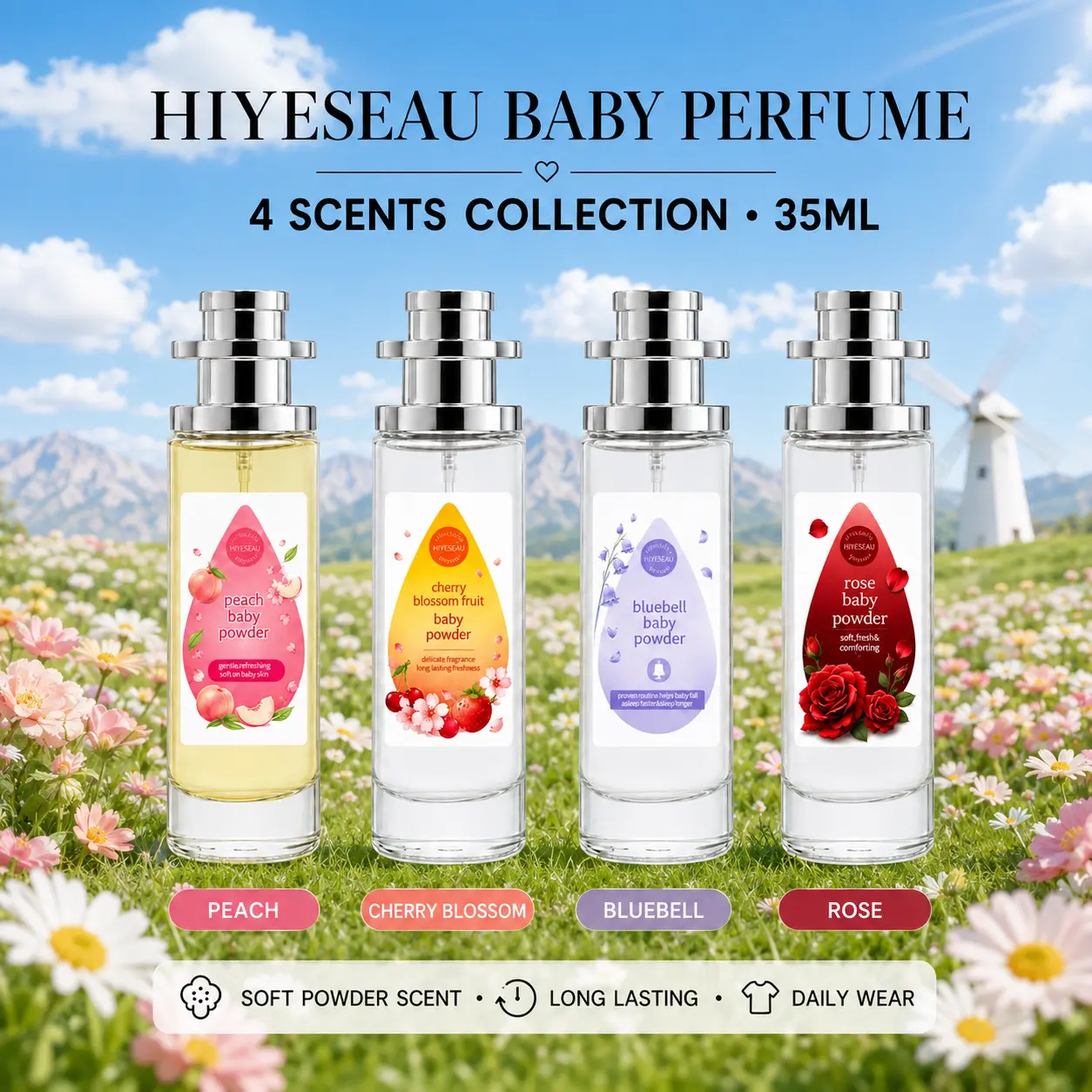 Perfume corporal infantil HIYESEAU BABY unissex, fragrância fresca e natural com duração de 12 horas, aroma de talco, para homens, mulheres e bebês