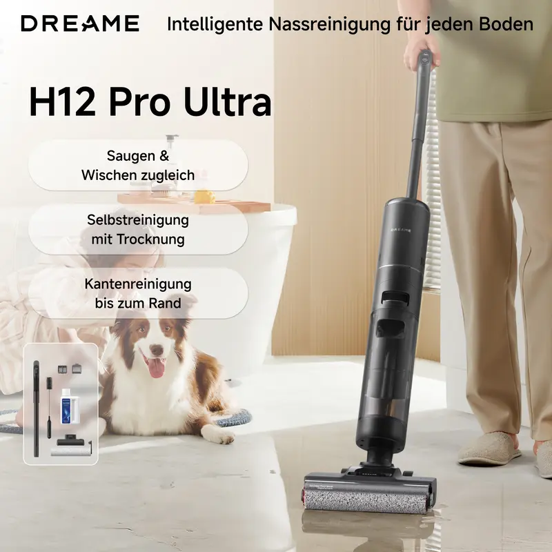 Dreame H12 Pro Ultra 습식·건식 청소기, 자동 세척·오염 감지·LED 디스플레이, 최대 35분 사용, 900ml, 블랙