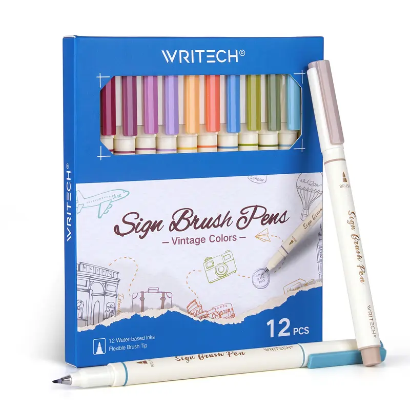 WRITECH Vintage Arts Sign Brush Pen Set, 12 Water-Based Ink Markers for Crafting, Journaling and Calligraphy