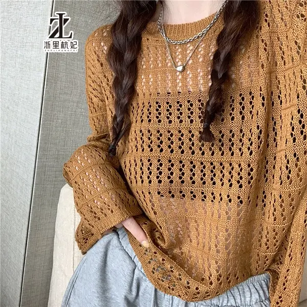 Knitwear, long sleeves, cutouts, sun protective clothing, preppy style, loose and versatile