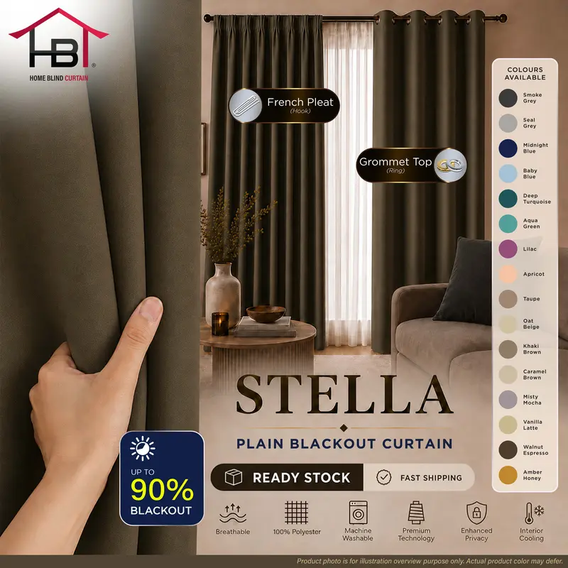 HOMEBLIND STELLA Plain Blackout Curtains, 90–99% Blackout, Hook or Ring, French Pleat or Grommet Top