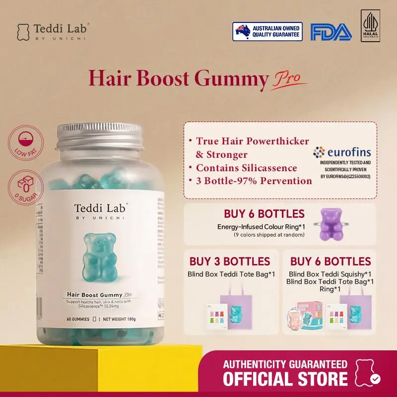 Teddilab Unichi Blue Hair and Nail Gummies, 60 Count, Halal, with Biotin, Zinc, Vitamins A, C and E, Pantothenic Acid and Beef Gelatin, 0 Sugar, Low Fat