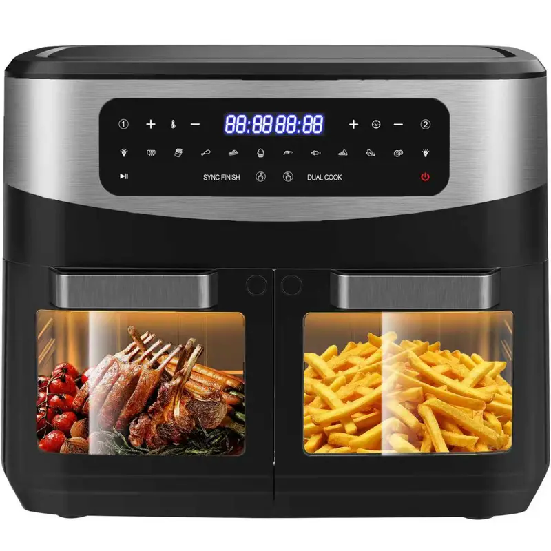 XXL BBQ 12L 듀얼존 에어프라이어 – 2600W, 투명 확인창, 탈착식 칸막이·바스켓, LED 터치, 10가지 프로그램, 실내 BBQ, 저지방 조리, 자동 전원 차단, 블랙