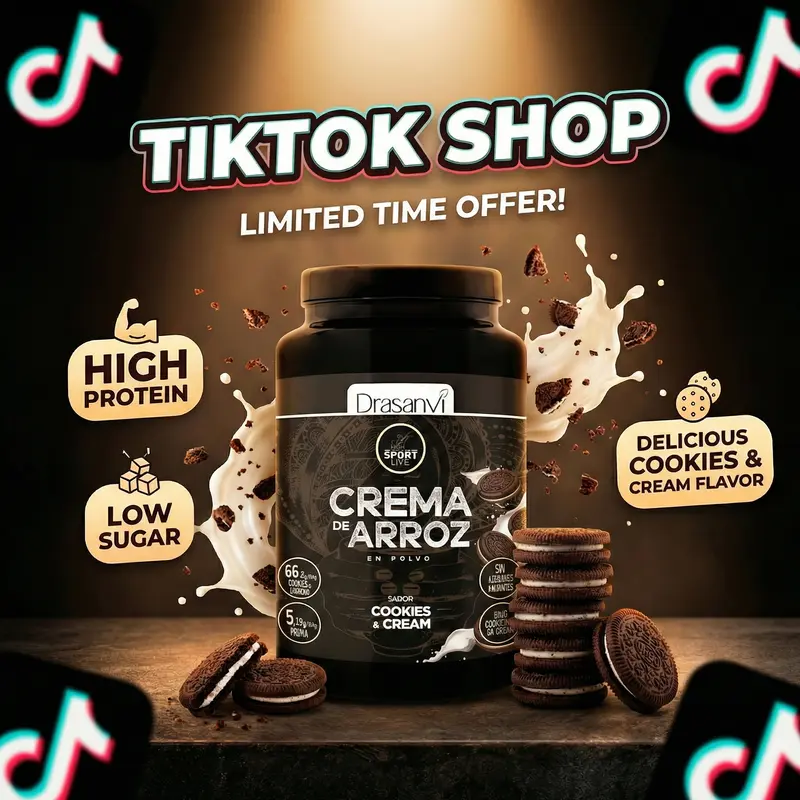 DRASANVI SPORT LIVE Crema de Arroz - Bajo contenido en grasa - Disolución instantánea - Sin azúcares añadidos - Vegano - Sin Gluten - Sabor Cookies and Cream - 1kg