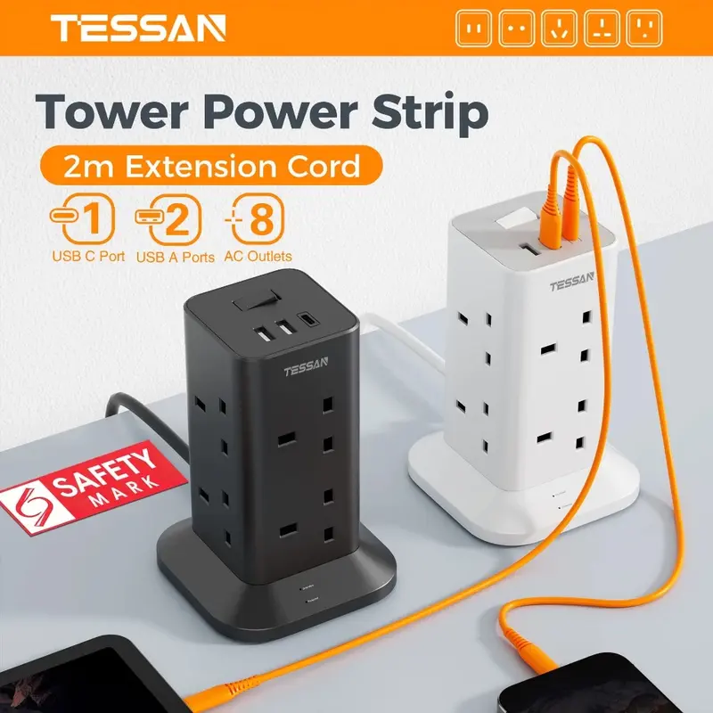 TESSAN 11IN1 Tower Extension Plug Tower Socket with USB+Type C, Surge Protector Power Extension Wire 2M 3M Space Saving Extension Socket