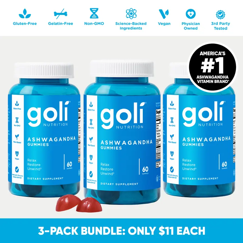 3 Bottles of Goli Ashwagandha & Vitamin D Gummies, Mixed Berry, KSM-66, Vegan, Non-GMO, Gluten- and Gelatin-Free