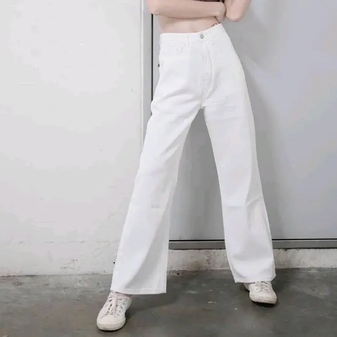 高腰宽松男友风阔腿长款牛仔裤