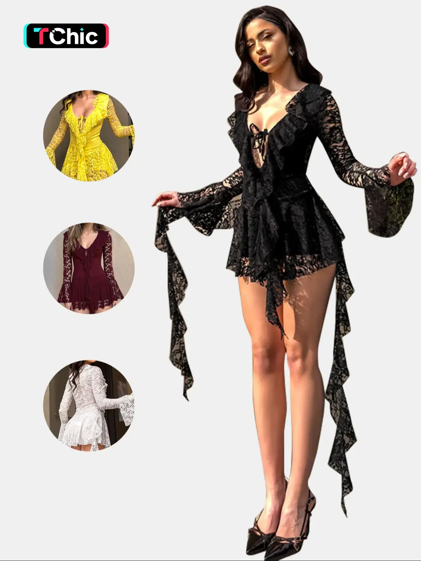 Women's Y2K Vintage-Style Fitted Dress with Lace Bow, Flounce Sleeves and Long Sleeves for Spring