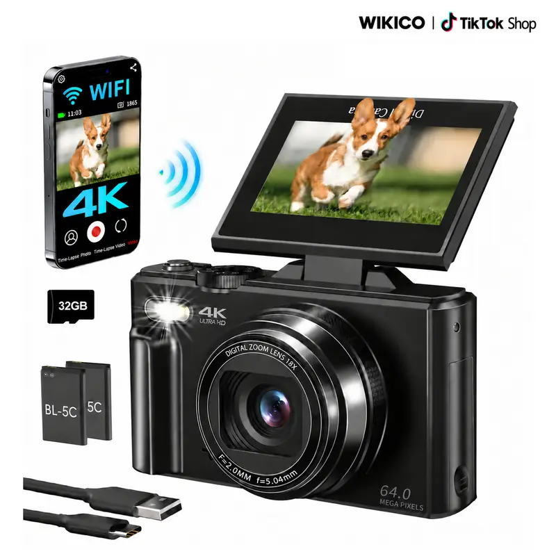 WIKICO 4K Point-and-Shoot Digital Camera, 64MP, 3-Inch 180° Flip Screen, 18X Digital Zoom, 32GB Micro SD Card, 2 Batteries, Speaker, Lanyard and MP4 Video, for Vlogging or Gifting