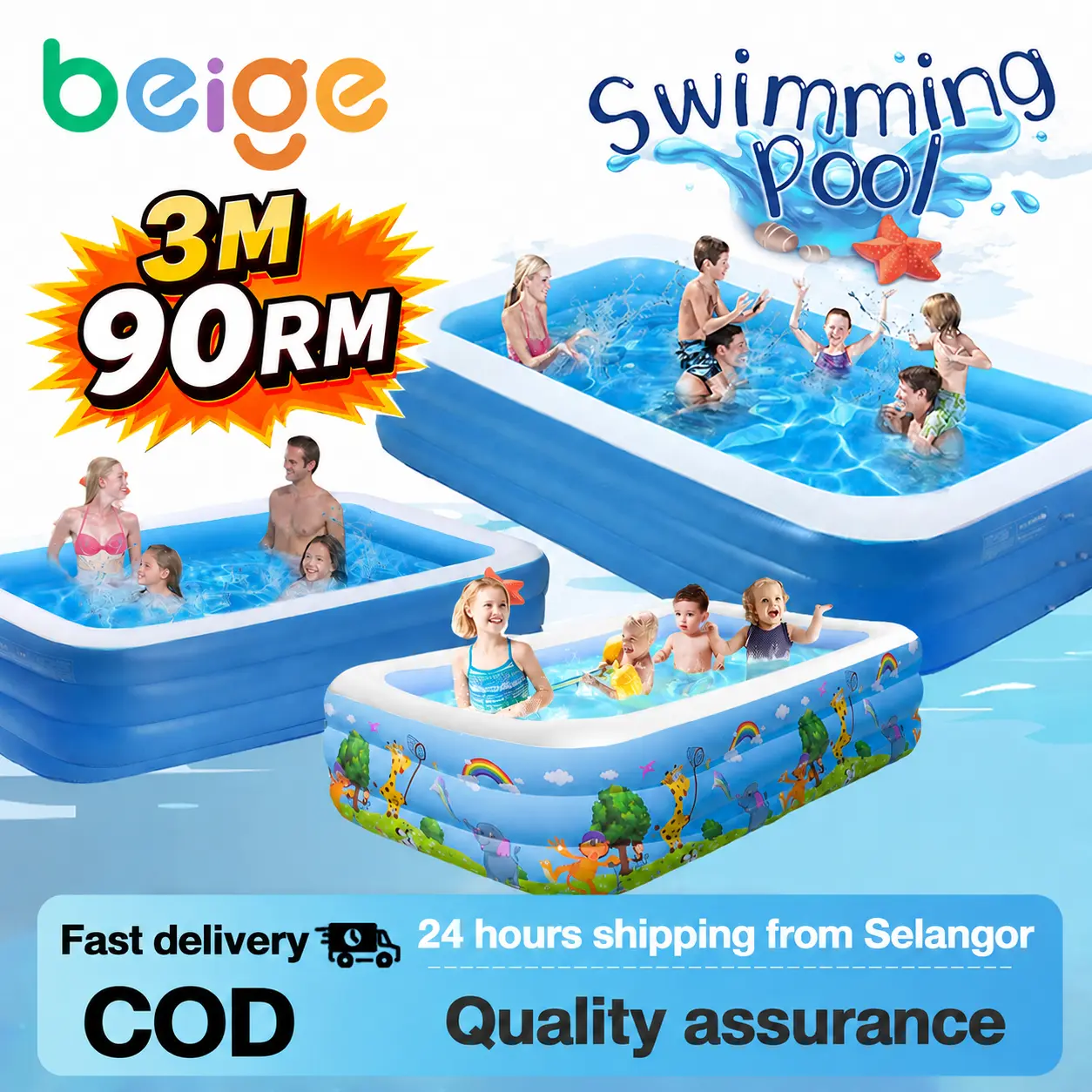 Beige Inflatable Swimming Pool Murah Extra Large Rectangle Kids Pool Baby / Family Indoor Outdoor Kolam Renang 3 Tingkat Beach Play Getah kolam mandi kanak-kanak kolam Air Pump inflatable beach whale Kolam Mandi Viral Murah Children kolam 12 kaki