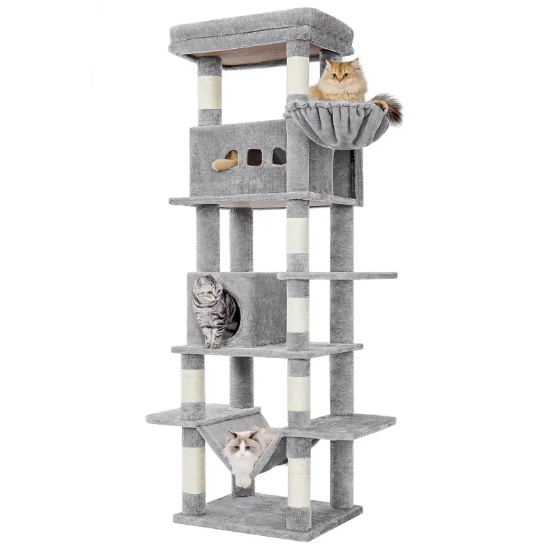 Arranhador grande Hzuaneri para gatos, 210 cm de altura, com 8 postes, 2 tocas, plataformas amplas, tapete lavável, rede e bolinhas de pelúcia, estrutura multinível