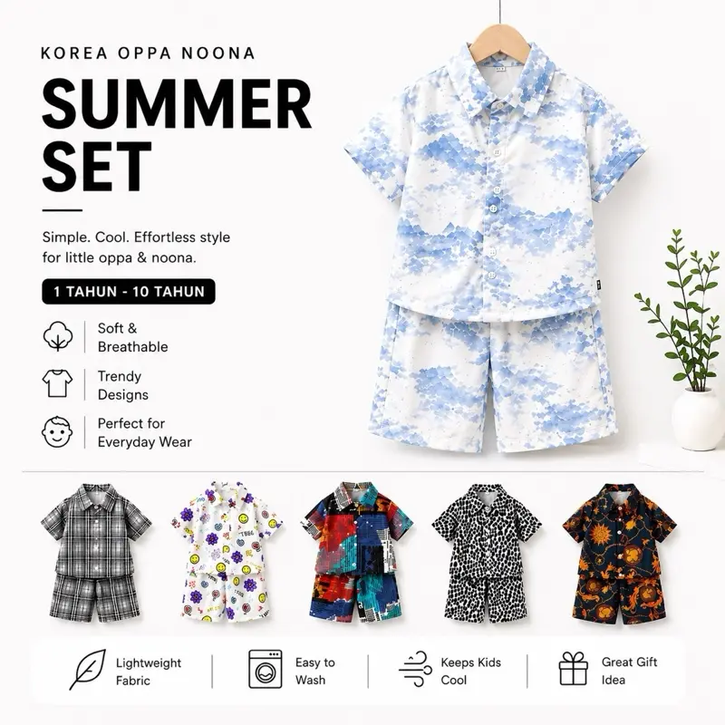 Bebe World Korea Oppa Noona Set Jalan Baby Clothing Kanak Kanak Baby Shirt Boy Girl big Kid Lelaki Perempuan Baby Clothes Baju Bayi Baju Budak Set Jalan Hawaii Pantai beach Chiffon Unisex Short Sleeve Lengan Pendek  Kain Sejuk Viral Fyp Batik Blend Anak