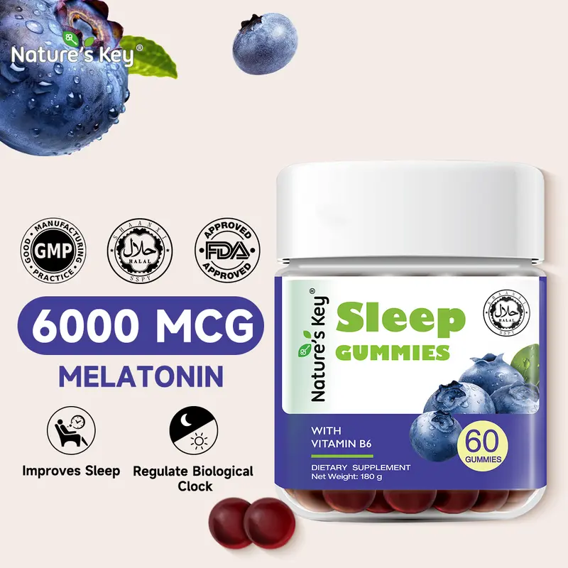 【Compra y recibe regalos gratis】Gomitas de melatonina Nature's Key Halal de 5mg con vitamina B6, veganas, sabor natural a arándano; suplemento para dormir
