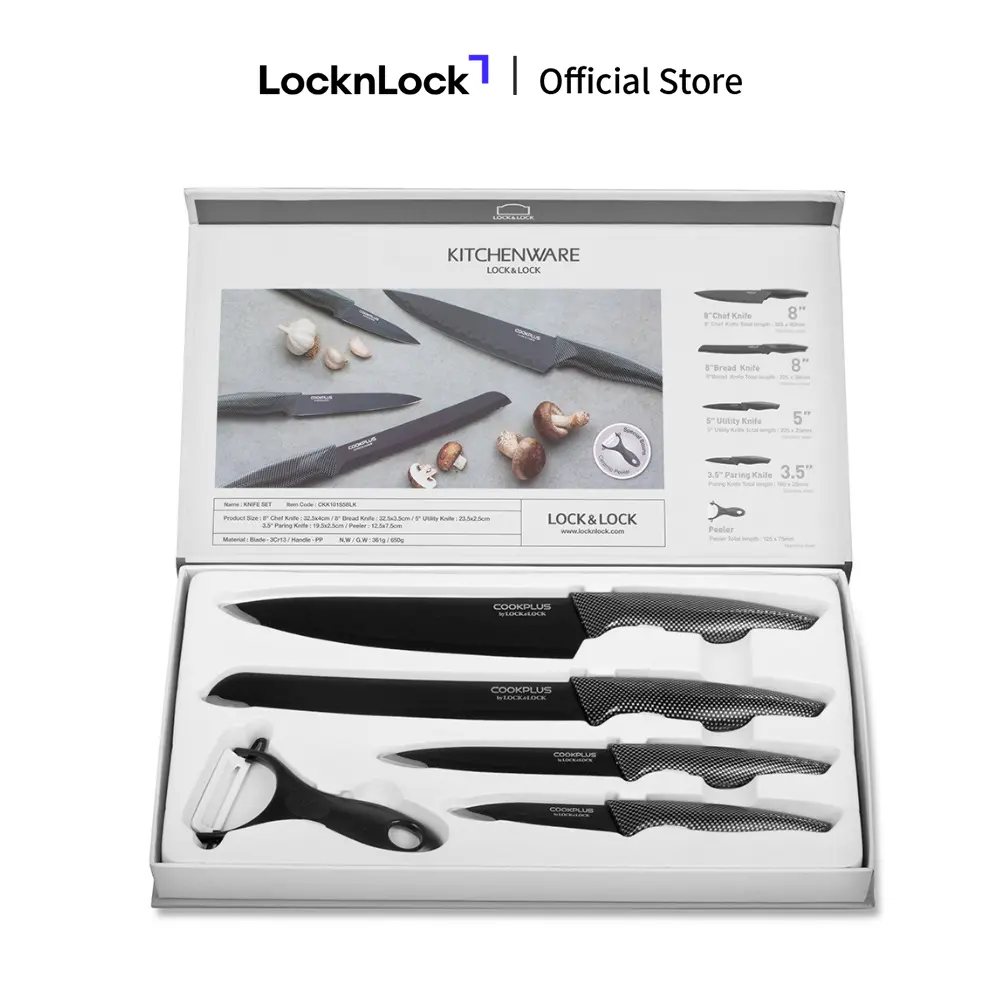 COOKPLUS LocknLock CKK101S5BLK 5-Piece Kitchen Knife Set, Stainless Steel Knives with Nonstick Ceramic Coating