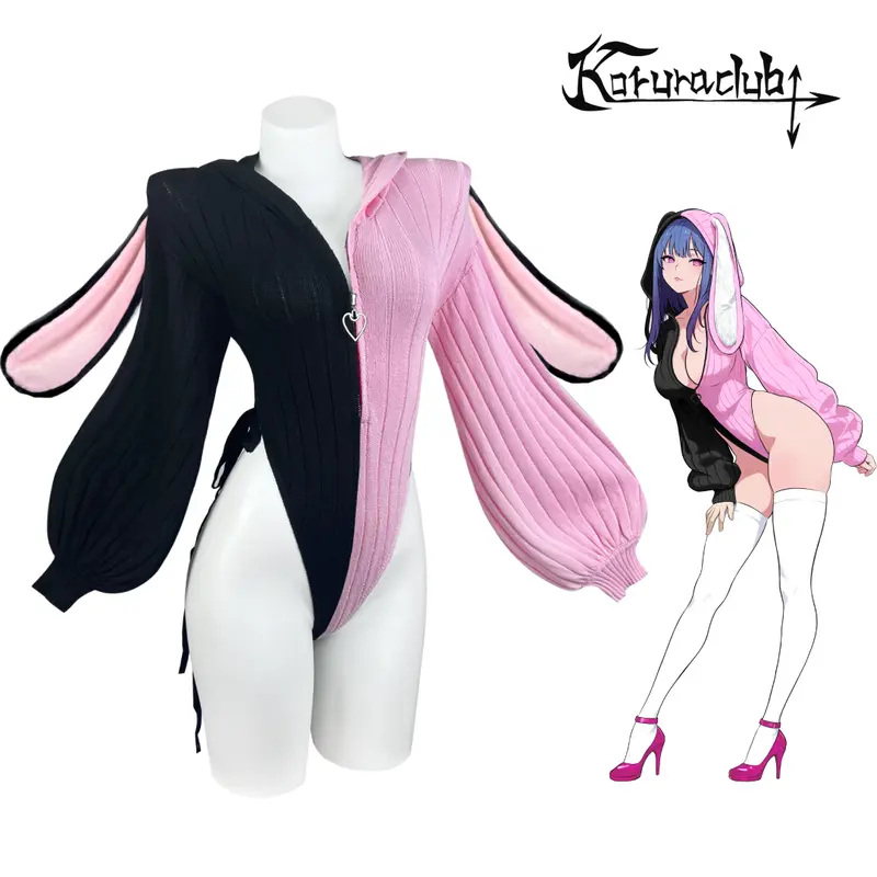 Koruraclub Kostum Cosplay Kelinci Perempuan Lucu, Jumpsuit Rajut Hitam dengan Resleting, Lingerie Wanita Ukuran Plus dengan Telinga Kelinci Berbulu Merah Muda