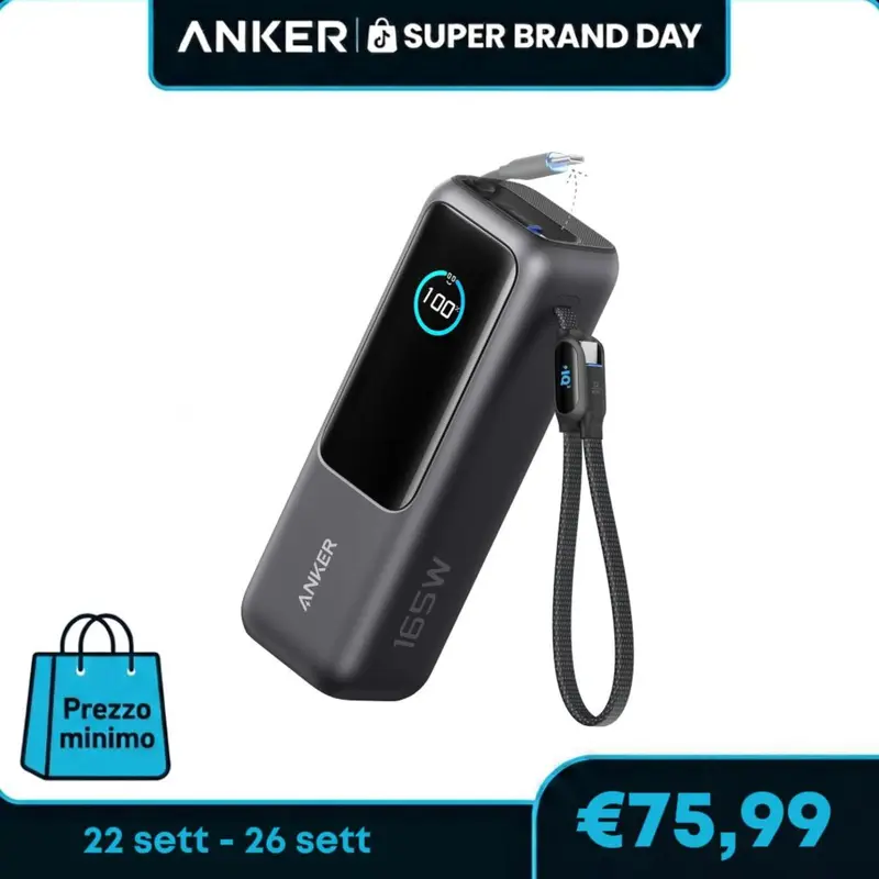 【Super Brand Day】Anker Laptop Power Bank 25.000mAh Caricatore Portatile, con Tre Porte USB C da 165W per Ricarica Multi-Dispositivo, Cavi Integrati e Retrattili, per iPhone 17 Pro Max/Serie 16-12, MacBook, Samsung
