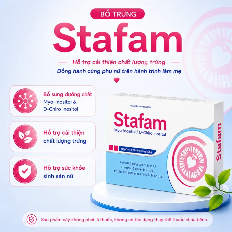 [BỔ TRỨNG] Stafam Giúp Hỗ Trợ Bổ Sung Dưỡng Chất Cho Phụ Nữ Chuẩn Bị Mang Thai, Bổ Sung Myo- Inositol, Vitamin E, L - Arginin HCL, D - Chiro Inositol, Acid folic,... bổ sung sức khoẻ, dinh dưỡng cho phụ nữ chuẩn bị mang thai