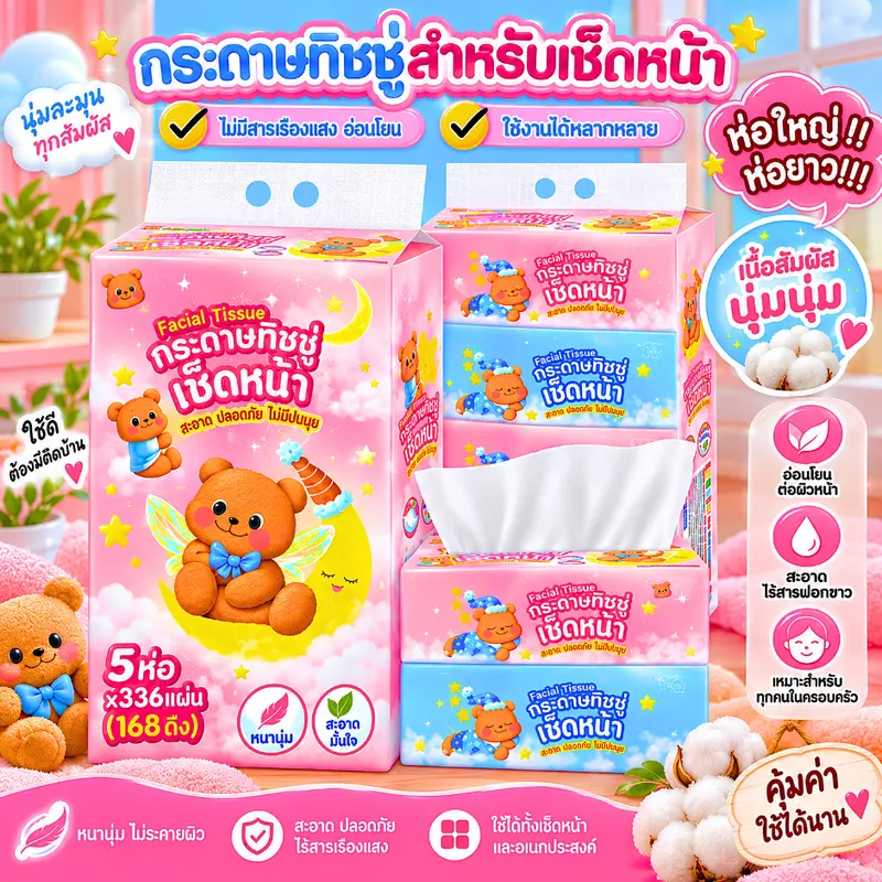 Combo 5 gói khăn giấy lau mặt khổ dài cỡ lớn, giấy mềm dày 2 lớp, không xơ, thấm hút tốt