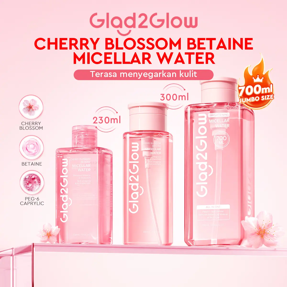 【NOUVEAU FORMAT】Eau micellaire Glad2Glow Cherry Blossom 700 ml, démaquillant visage waterproof à la Centella pour peaux sensibles et à imperfections