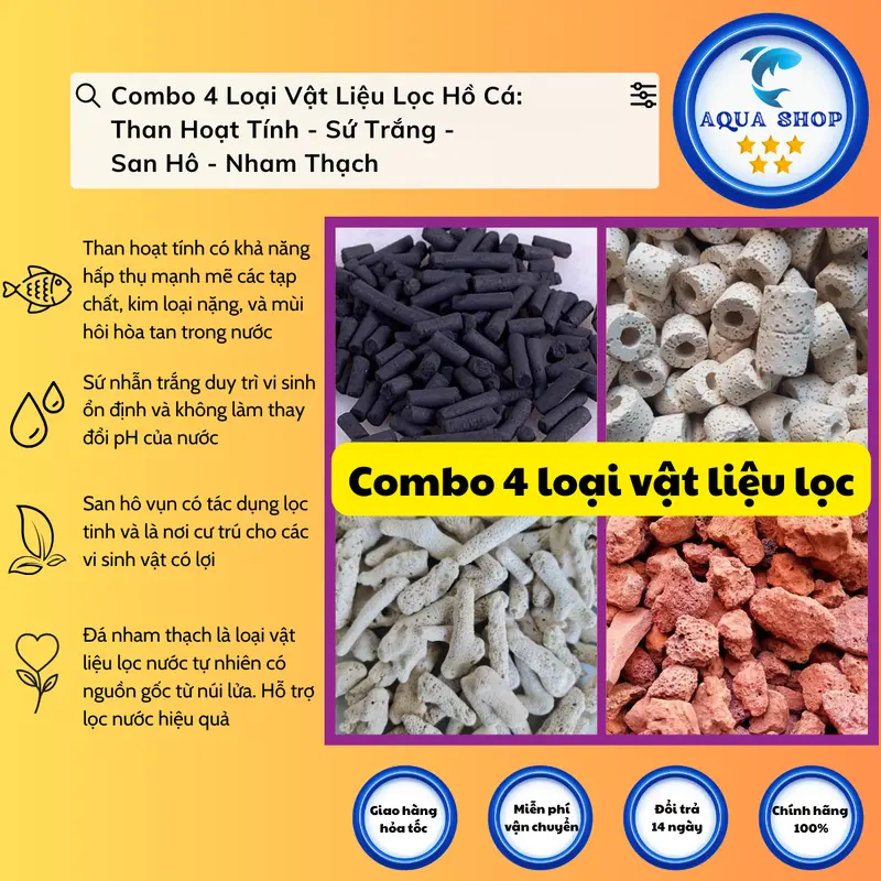 4-Type Aquarium Filter Media Set: Activated Carbon, White Ceramic, Coral and Lava Rock