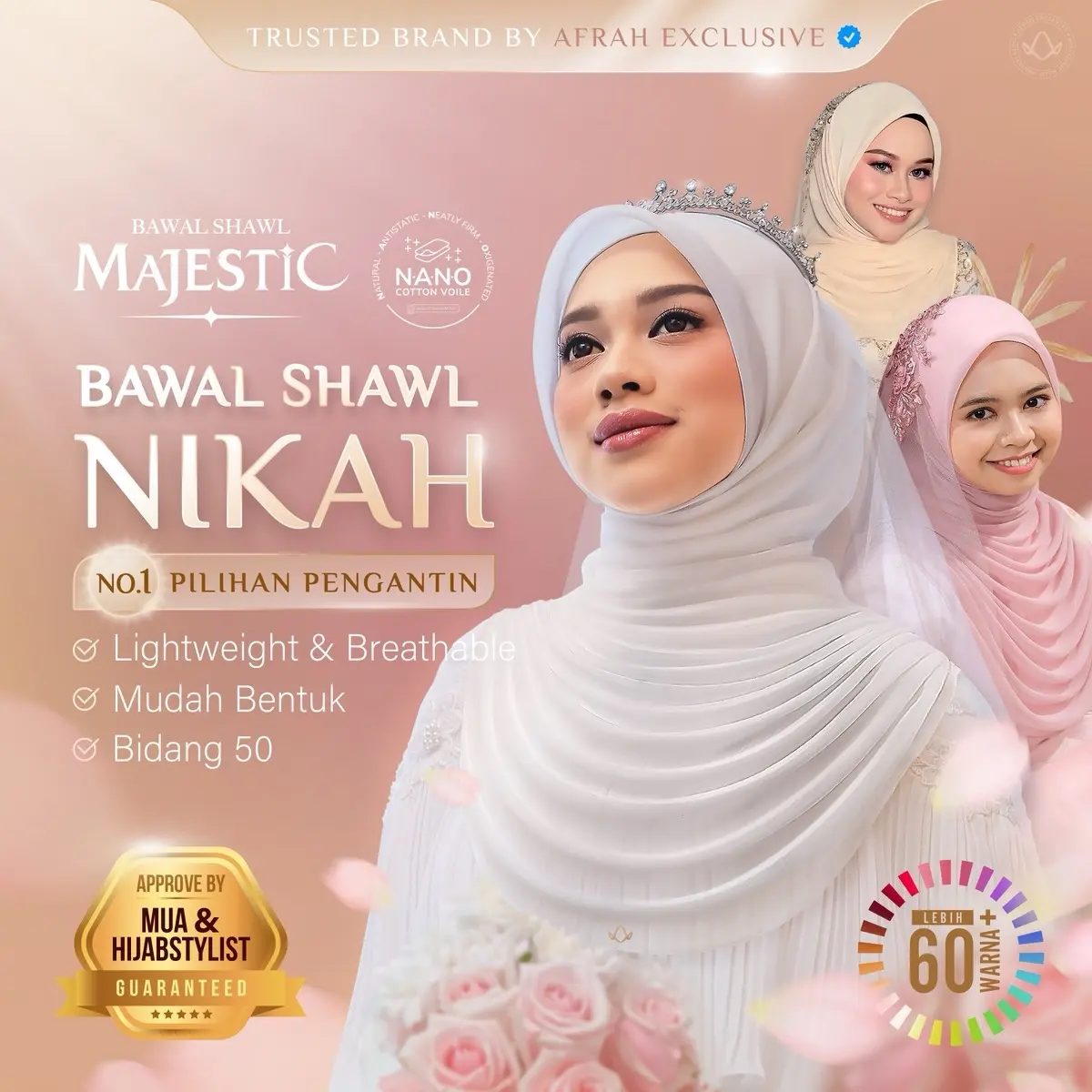 AFRAH EXCLUSIVE Majestic Bawal Shawl [Bidang 50], Premium Cotton Voile Curved Hijab for Bridal Styling
