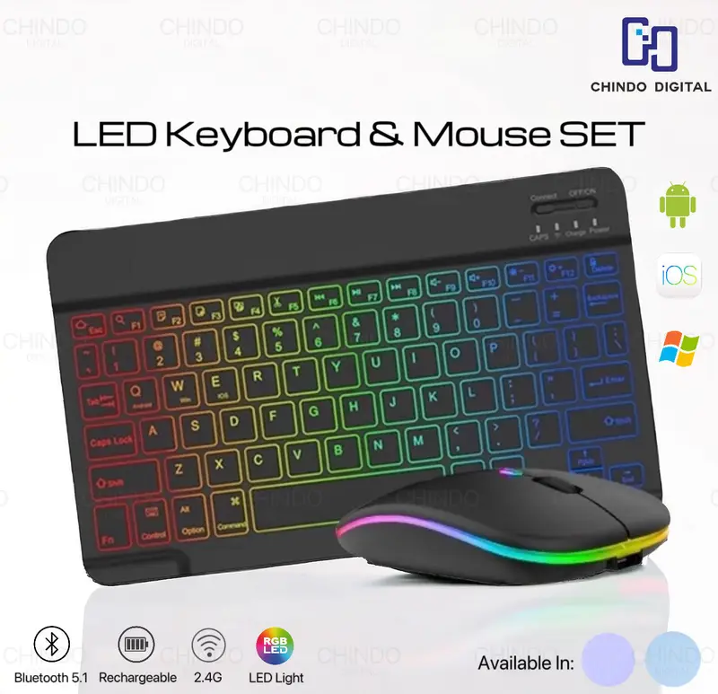 CID 10 Inch Wireless Backlit Keyboard and Mouse Set, Colorful LED, Bluetooth, for Computers