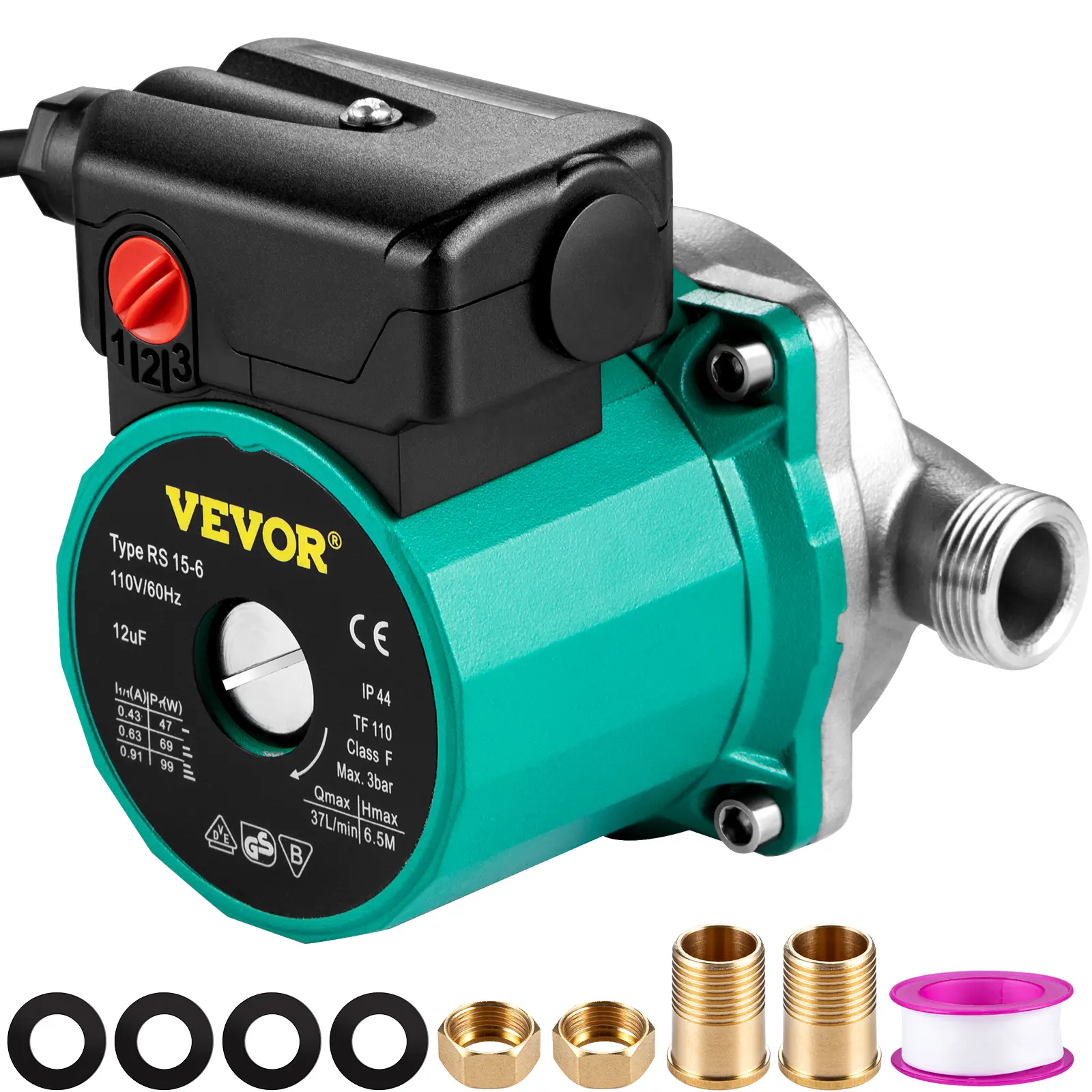 【BackToSchool】Pompa Sirkulasi Air Panas VEVOR, 93W, 110V, Pompa Sirkulator Air, Adaptor Kuningan Ulir G 3/4″ ke NPT 1/2″, Kepala Stainless Steel, Kontrol 3 Kecepatan untuk Sistem Pemanas Air Listrik