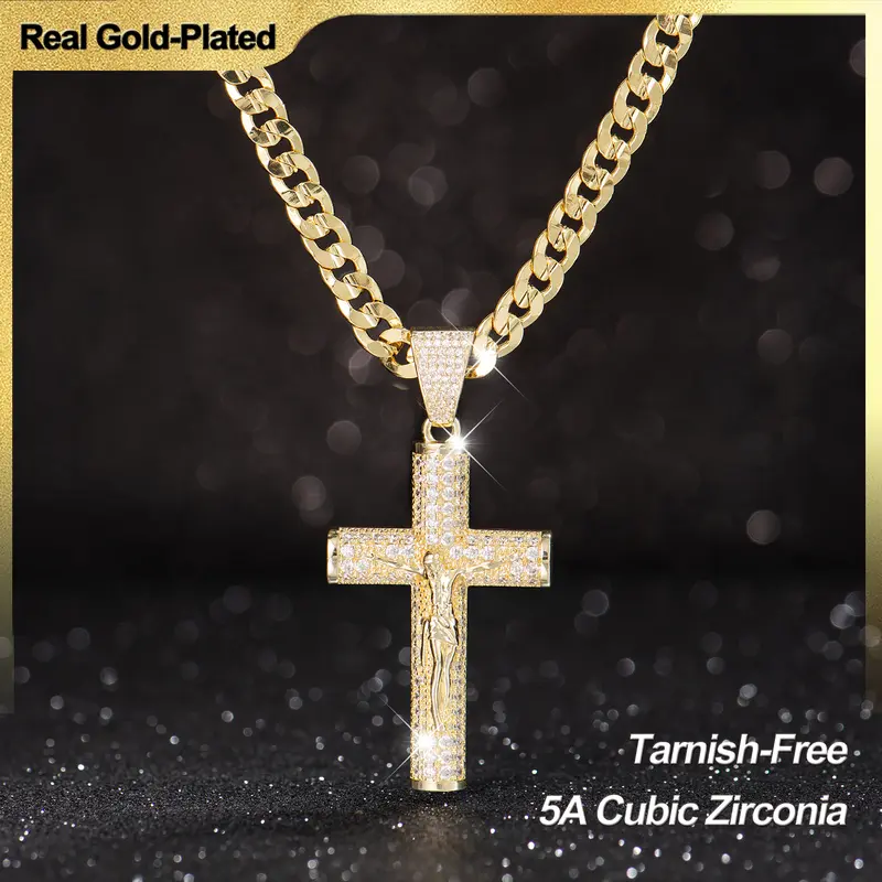 Holylegend 14K Real Gold-Plated Men's Christian Cross Necklace with Jesus Crucifix Pendant, 24 in, Tarnish-Free Miami, Cuban, Figaro or Rope Chain