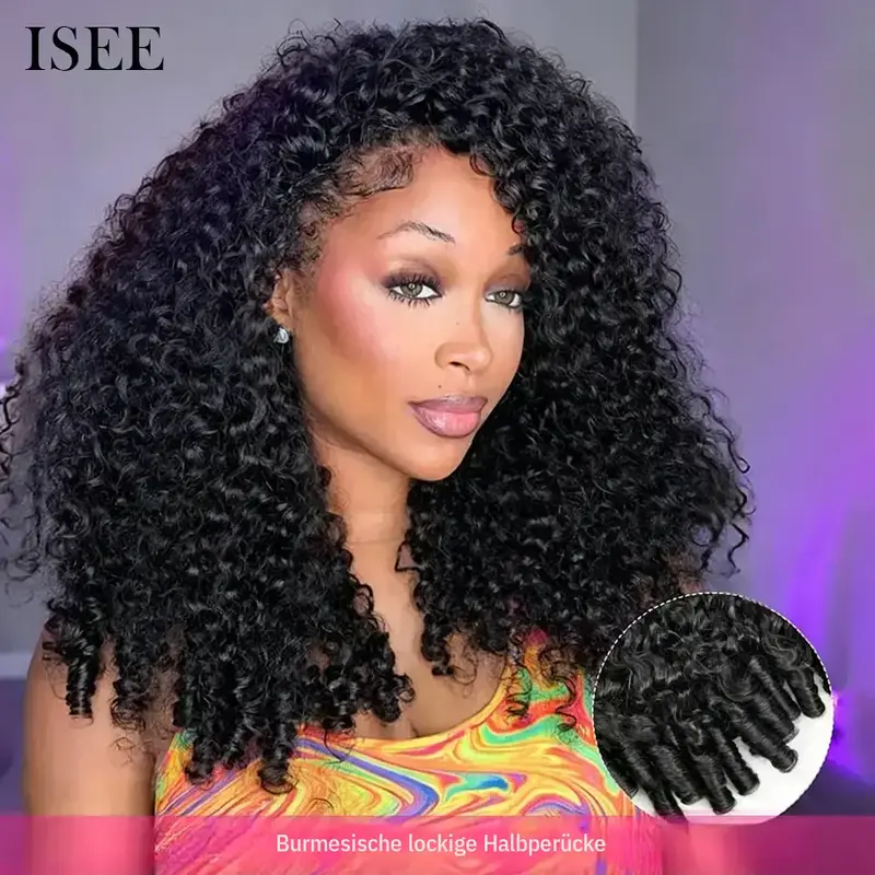 [Densidad de 250 %] ISEE nueva peluca rizada de cabello humano natural virgen, Wear Go Wig, banda InvisiFit, sin pegamento, para principiantes, media peluca rizada