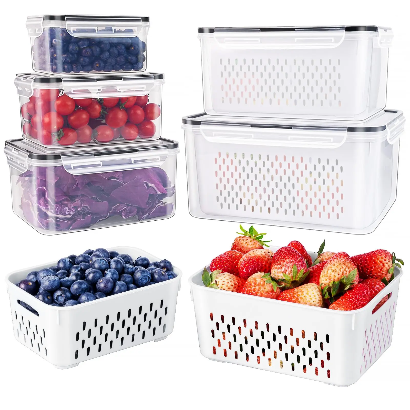 冰箱收纳保鲜盒5件套，可叠放，带可拆卸沥水篮，BPA-Free，适合水果、沙拉、浆果、生菜、蔬菜和肉类