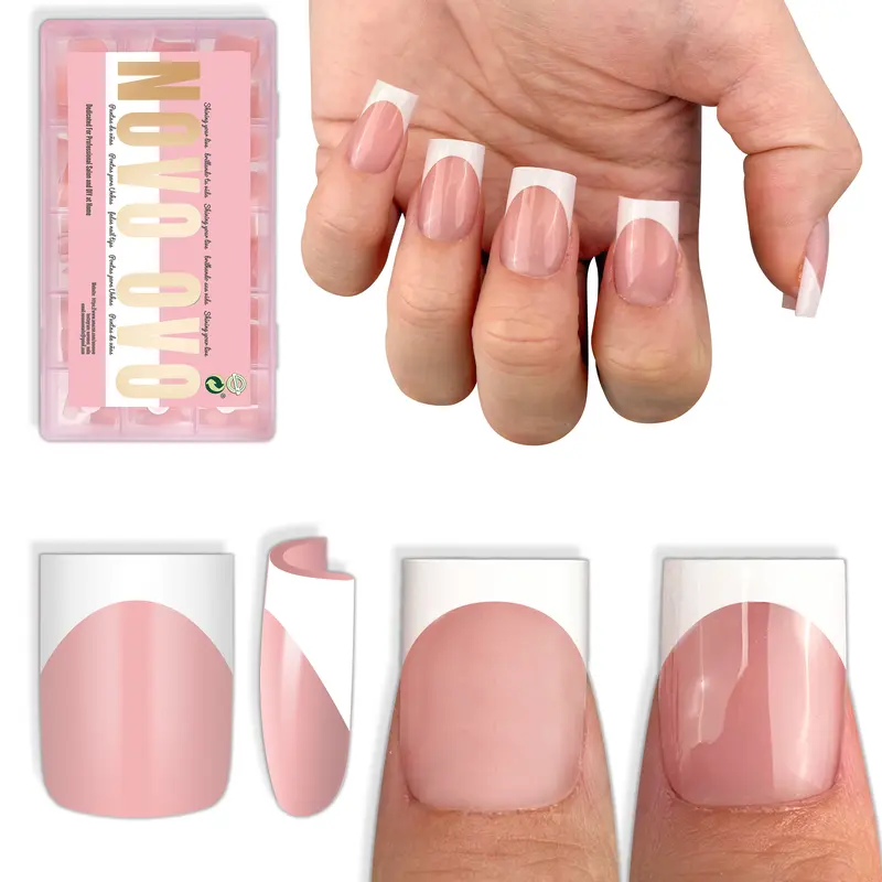 NOVO OVO Short Sharp Square White French Tip Nail Tips Press on BABY PINK, Kurzes scharfes Quadrat Nägel, Top Coat Nagelkleber, vollständige Abdeckung Nägelverlängerung für DIY x 15 Größen 240 Stück