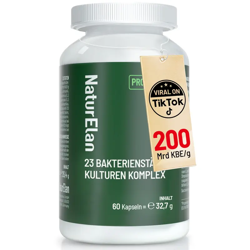 NaturElan Gut Care, 23 ceppi di batteri, 2 mesi, con fibra di acacia, 20 miliardi di CFU/dose giornaliera, resistenti allo stomaco, vegano, prodotto in Germania, 60 capsule, flora intestinale