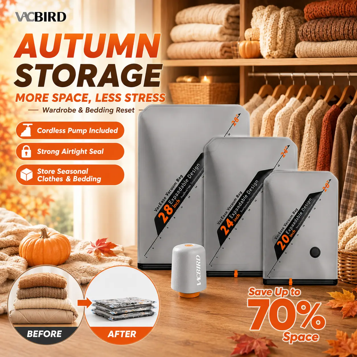 [Stockage d’automne] Sacs de rangement sous vide Vacbird avec pompe électrique rechargeable sans fil, sacs gain de place portables pour bagage cabine, vacances d’été, déménagement et rangement saisonnier
